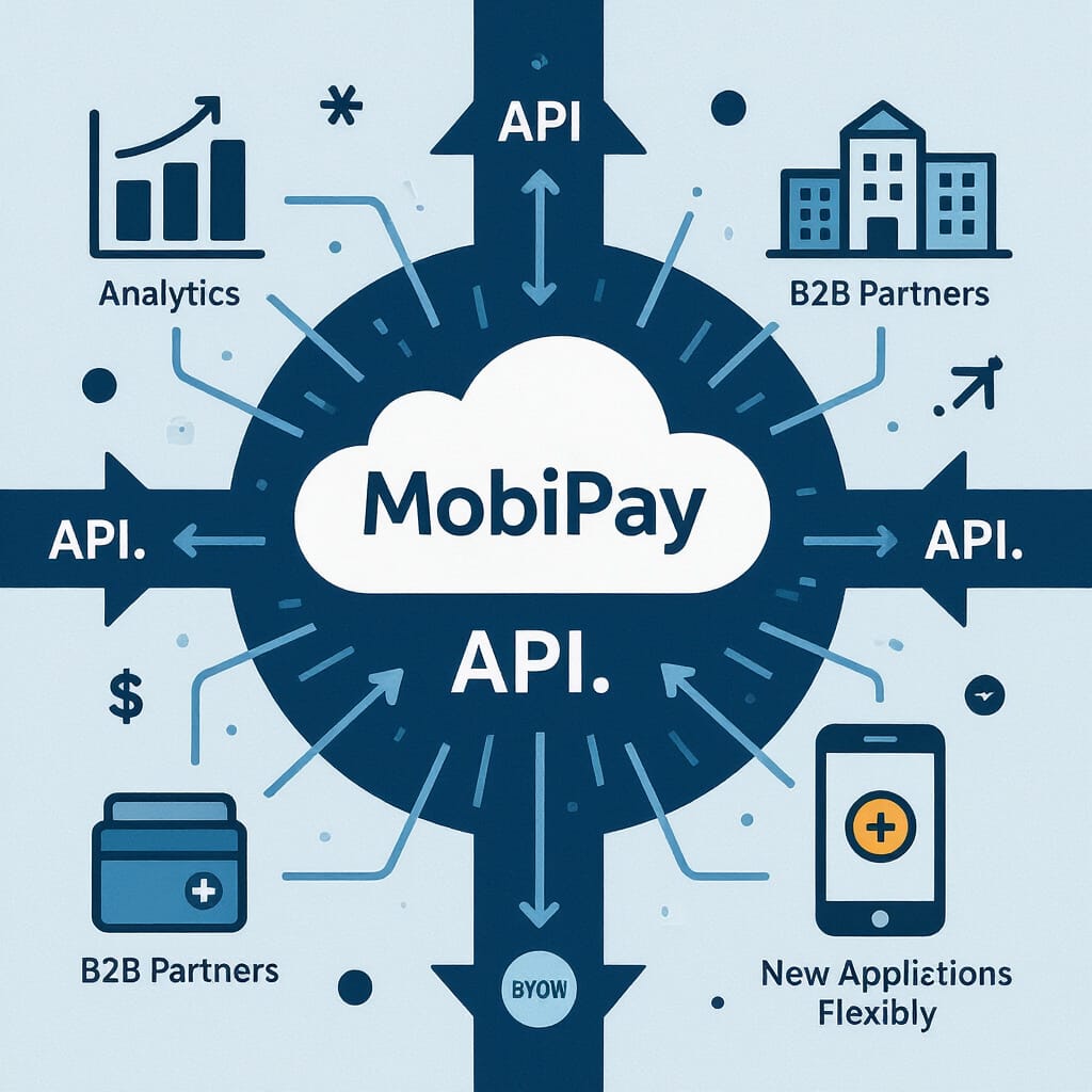 Gráfico mostrando diferentes aplicações (analytics, apps de parceiros) consumindo dados via API a partir da plataforma.