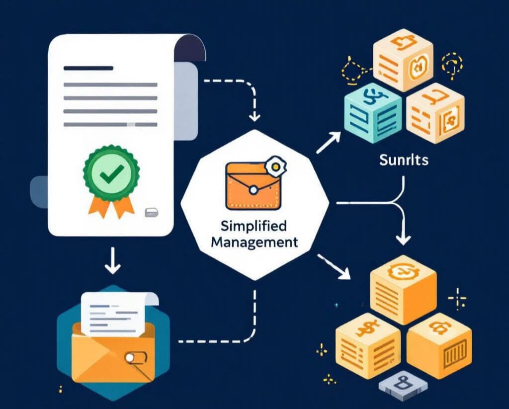 Diagrama mostrando um dado sendo processado e se transformando em um bloco seguro em uma corrente (blockchain).